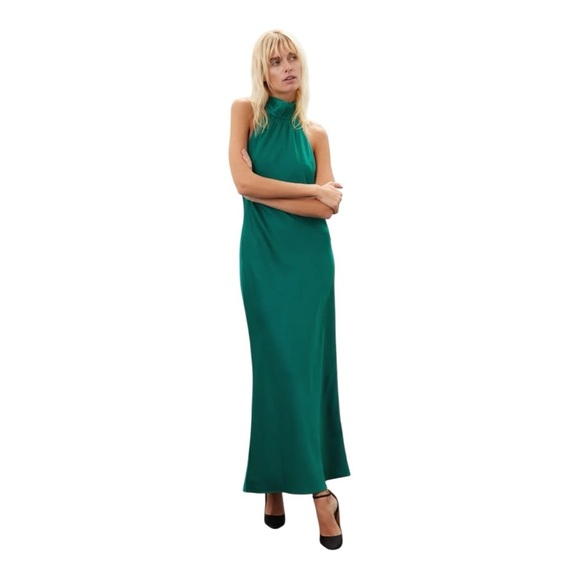Faviana Halter Gown Long Maxi Dress in Green Satin Size 14 - Picture 1 of 9